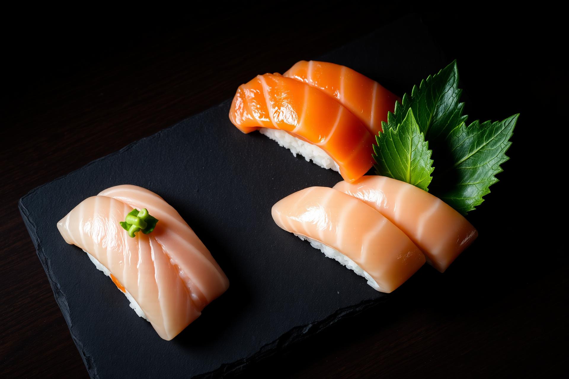 Fresh salmon sashimi and nigiri at Sushi Honke